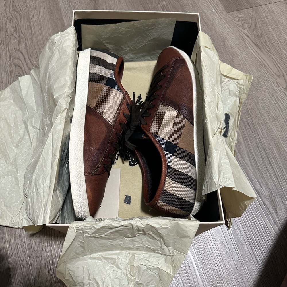 Burberry Men's Brown and Beige Check Sneakers